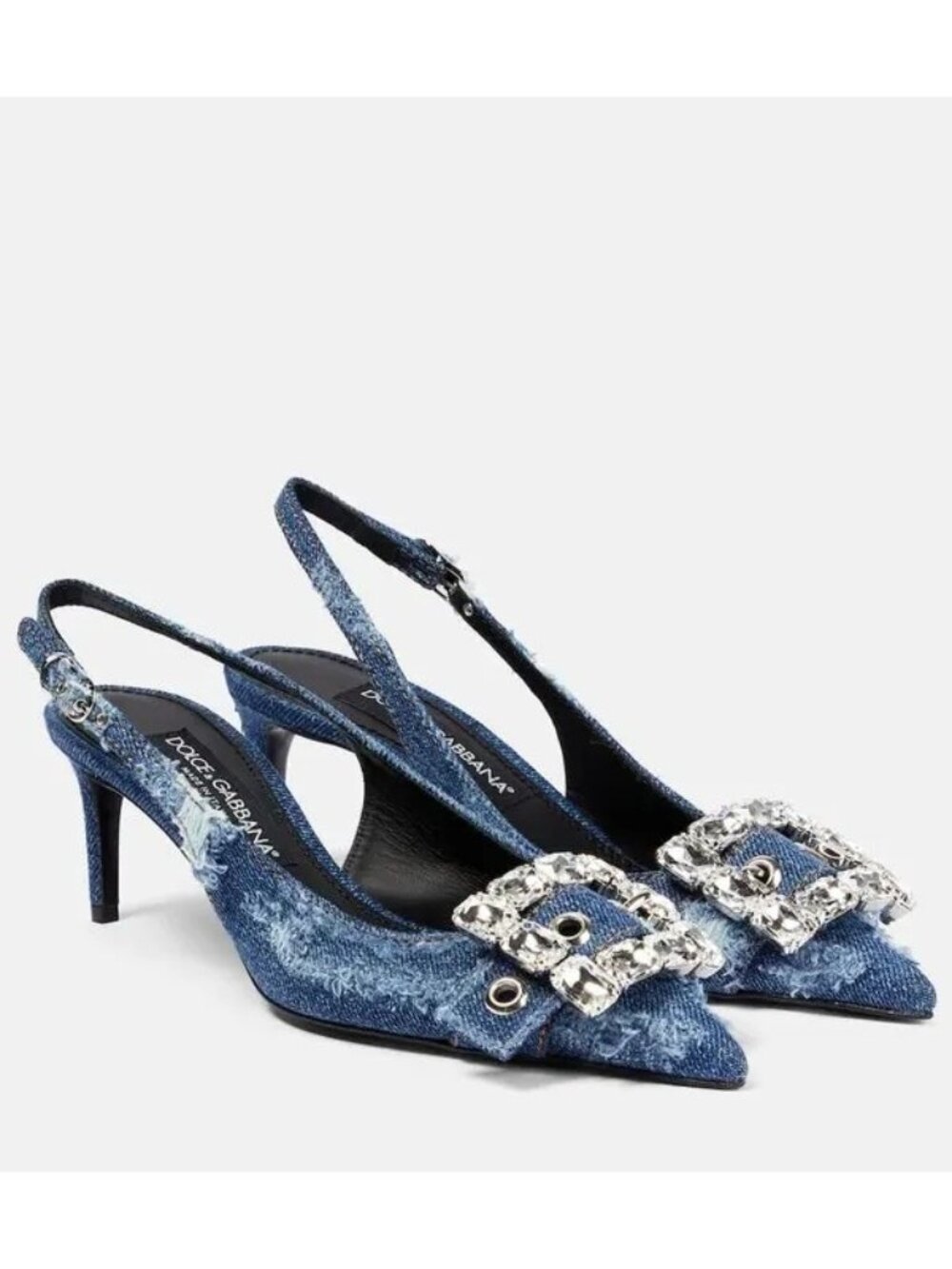 DOLCE & GABBANA Devotion Crystal Buckle denim Slingback Pumps heels size 37